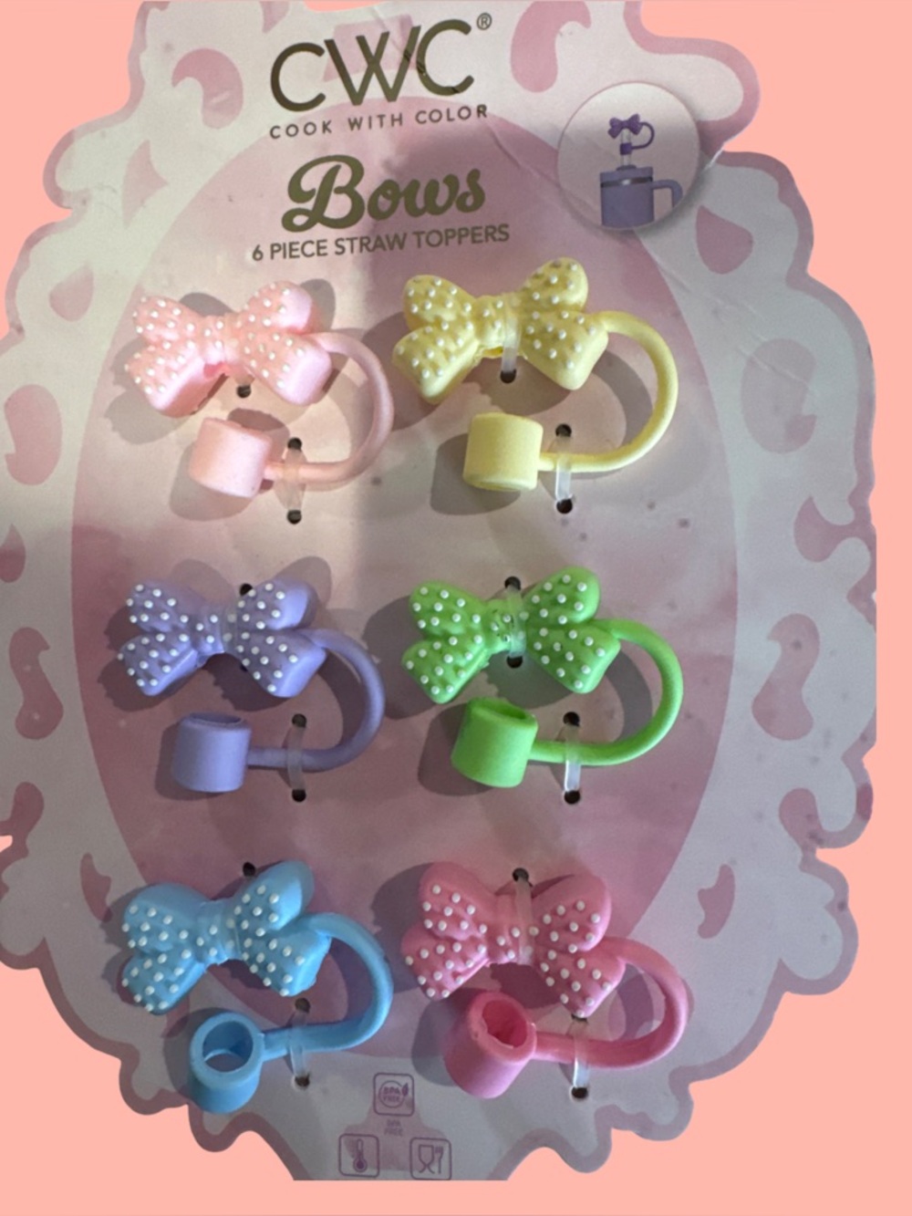 Kids Bow Straw Toppers - Pastel Multi-Color (6 Pack)